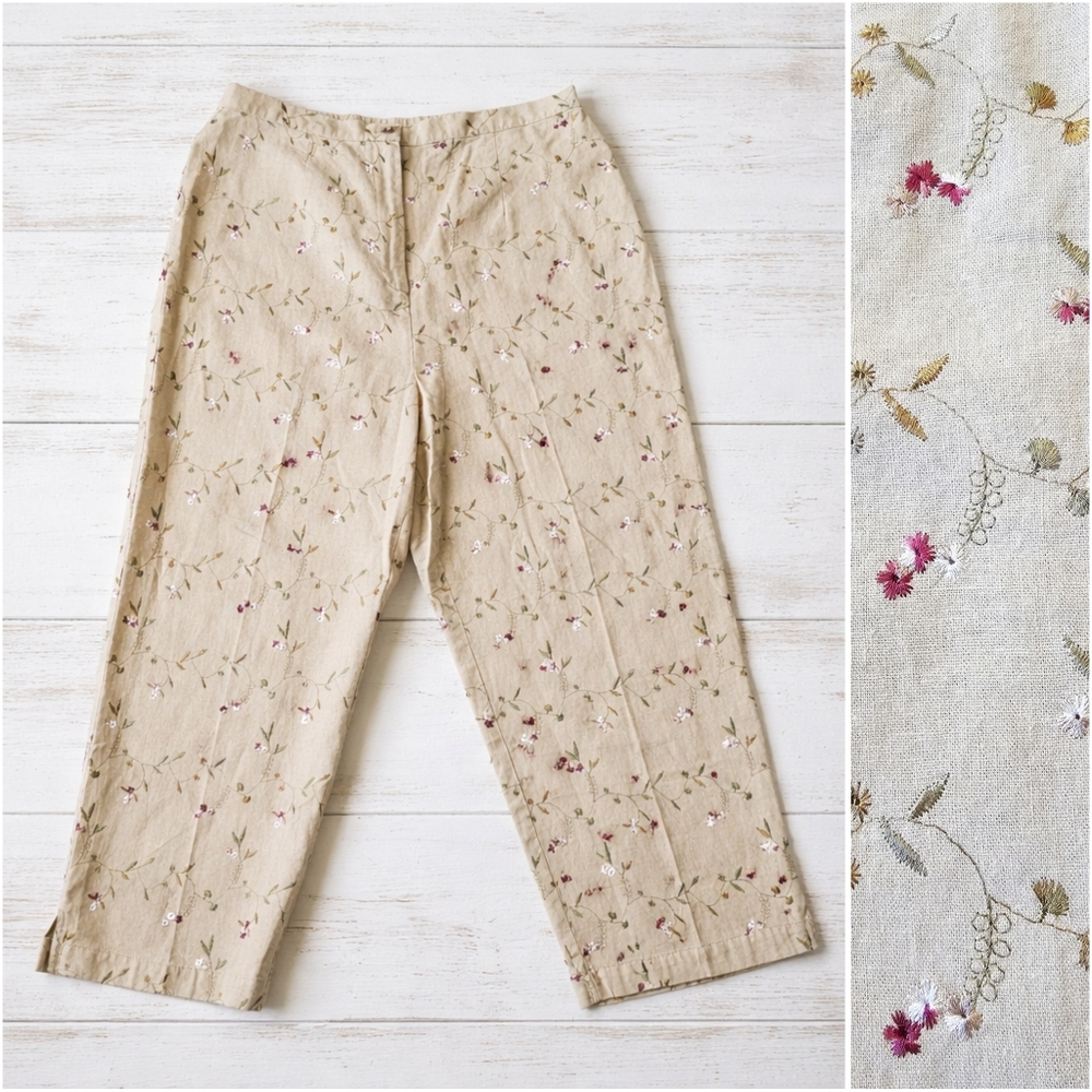 Coldwater Creek Linen Blend Embroidered Floral Capri Cropped Pants Beige L